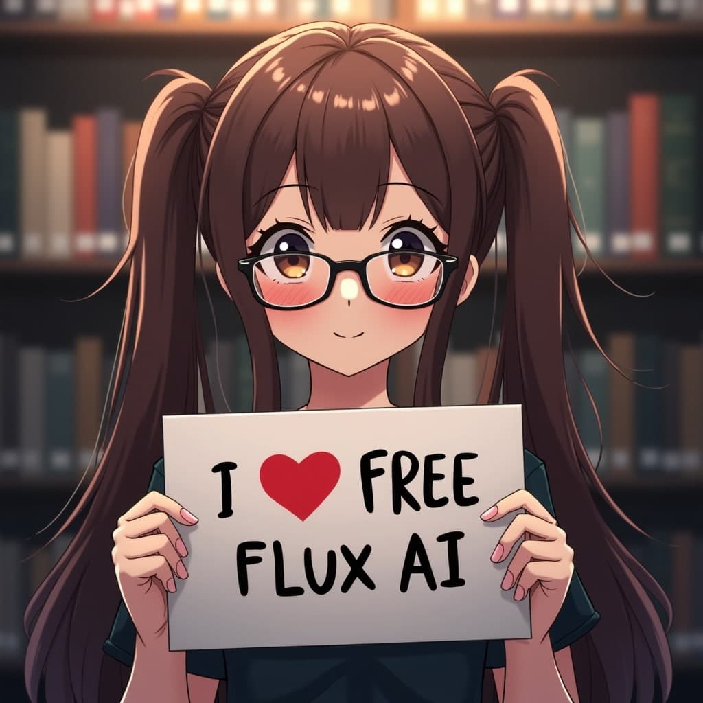 1girl, anime girl holding a sign with text I (heart) FREE FLUX AI, solo, long hair, expressive eyes, dark eyeshadow, detailed skin, detailed face, perfect face, closed eyes, twintails, smile, brown hair, glasses, casual clothes, library, illustration, perfect composition, dramatic lighting, film grain, highly dramatic background, cinematic film still, very aesthetic, (intricate details, (incredibly detailed), high detail, ultra-detailed), (hyperdetailed), (soft focus:1.1), absurdres, (hires textures), (4k), (masterpiece, best quality)