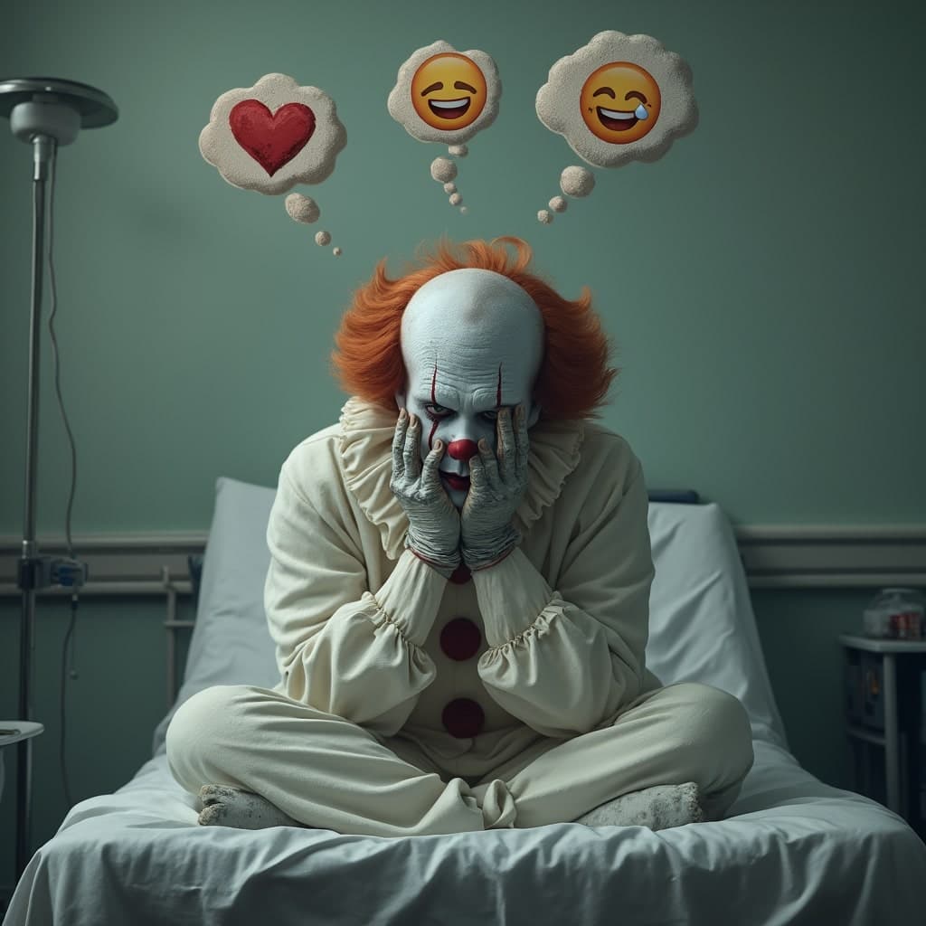 A depressed, sad, run-down, scary clown wearing a white bathrobe is sitting on a bed in a hospital room. He is leaning forward with his hands covering his face. The image looks photorealistic with great attention to detail. At the top of the image are 3 thought bubbles coming from the clown: one has a heart emoji, a thumbs up emoji, or a laughing emoji