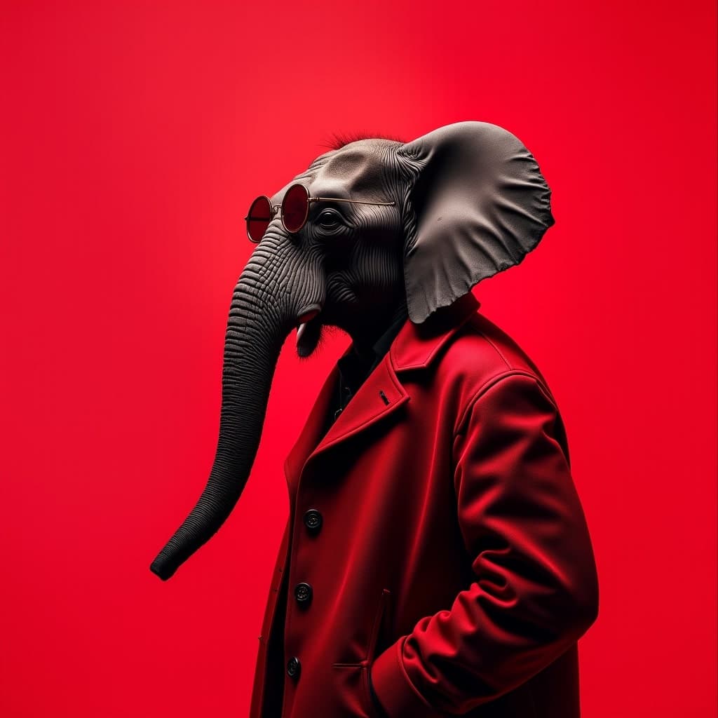 The best mobile wallpaper, Award-winning wallpaper, Portrait Photography, In front view is a portrait of a elephant wearing 1960s mid-century space-age fashion, Side view shot, Shot with Canon EOS R5, Setting a stark contrast that accentuates the subject, Fluorescent maroon shade, Wearing a very fashionable lounge coat and sunglasses are a hip 1960s style, Clothing all in one color, Beautiful background