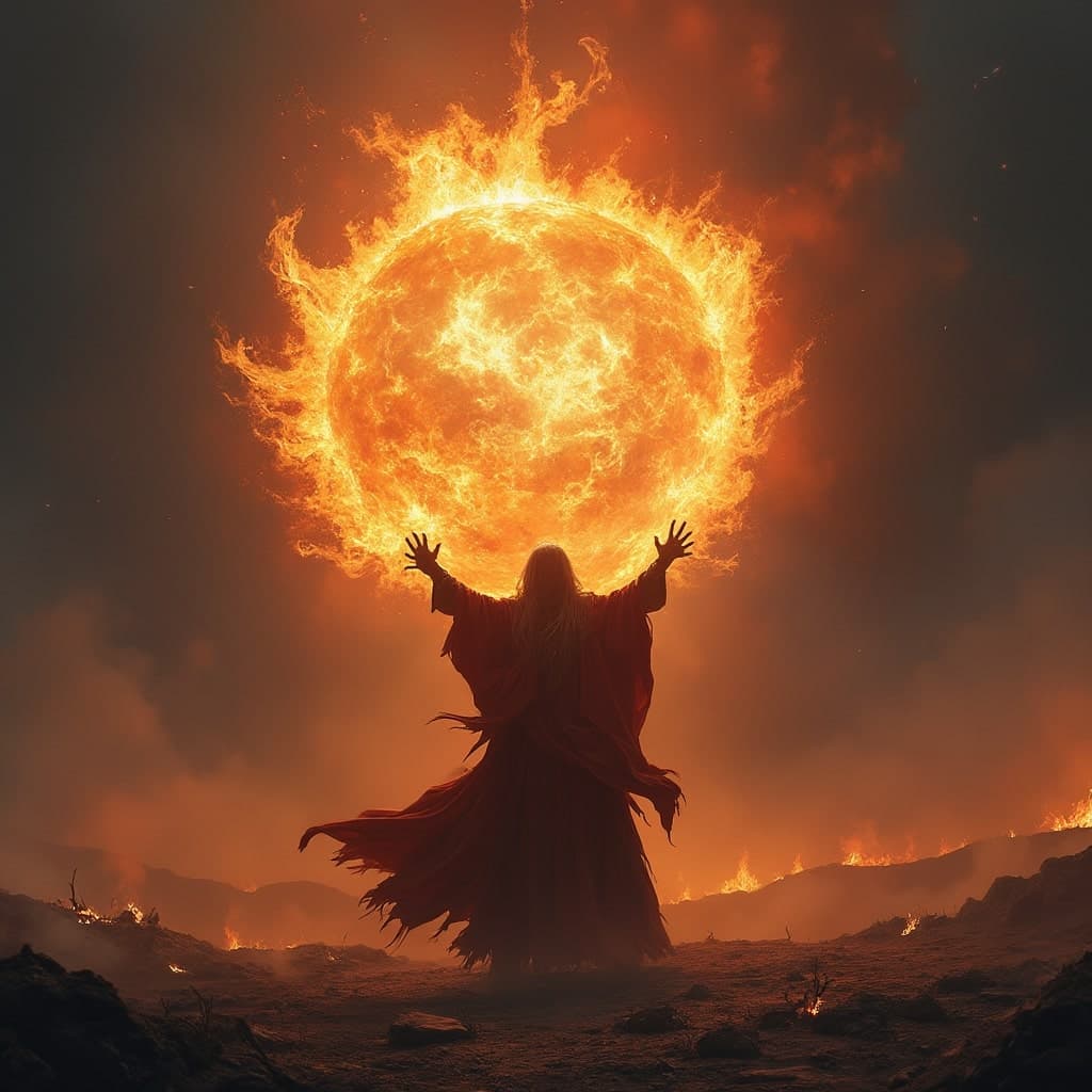 A formidable mage, garbed in flowing, ember-glowing robes, stands at the center of a desolate, scorched battlefield. The mage channels a blazing fireball, its searing flames illuminating the dark, smoke-filled air with intense, flickering light. The scene is charged with a fierce, elemental energy and a sense of impending destruction. Rendered in a Photographic style with a 135mm lens, capturing the fiery explosion’s vivid details and dramatic contrasts.