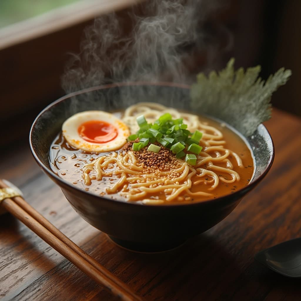 A perfect steaming bowl of ramen, thing noodles, light clear broth, half a boiled egg, chopped green onions, naruto, kelp, sesame seeds, chopsticks on the side, ramen spoon on the right, Photorealistic, Highly detailed, masterpiece, 4k, high resulution, great lighting