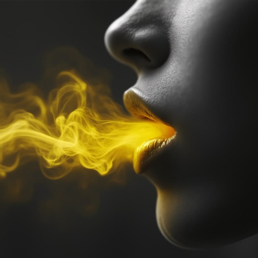 A close-up photograph of a woman's lips in monochrome, except for her lips, which are a vibrant, glowing yellow. Soft, ethereal yellow smoke-like waves emanate from her lips, flowing gently into the surrounding air. The rest of the image remains in black and white, creating a stark contrast with the vivid yellow glow, emphasizing the surreal and dreamlike quality of the scene