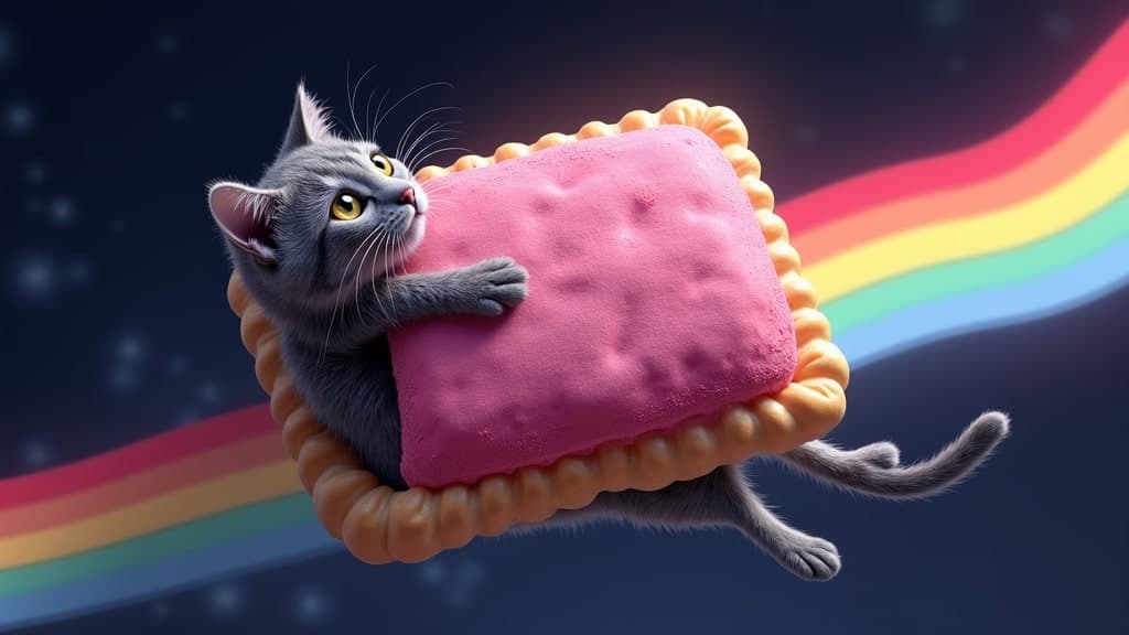 A grey cat inside of a pink pop tart flying through space, leaving a rainbow trail, viewed from side, best quality, masterpiece