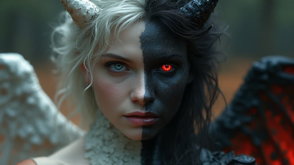 Misty Valley, a close-up of a mysterious female entity, one half of her body and face is beautiful, angelic appearance, blue eyes, white hair, the other half of her body and face is demonic, coal-black skin, red eye and hair are burning with fire, demonic horn, on her back are wings corresponding to each part of the body. Dark atmosphere, cinematic, masterpiece, clear  focus.