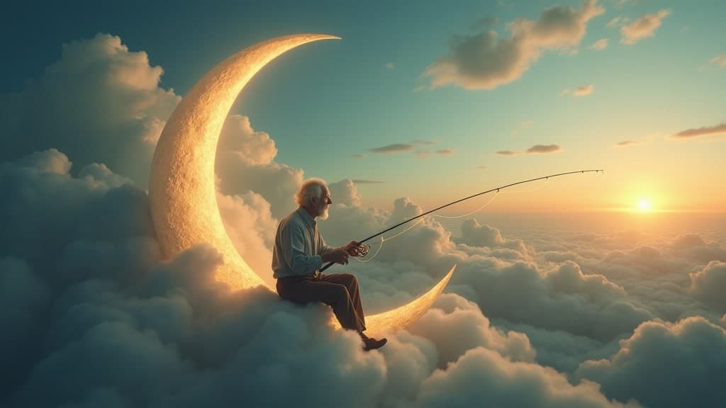 An old man sits serenely on a crescent moon, (fishing among the clouds:1.4). The scene has an evening, tranquil atmosphere. It’s dreamy and whimsical. deep depth of field, photography, Natural geographic photo, Hyper-realistic, 16k resolution, (masterpiece, award winning artwork), many details, extreme detailed, full of details, Wide range of colors, high Dynamic