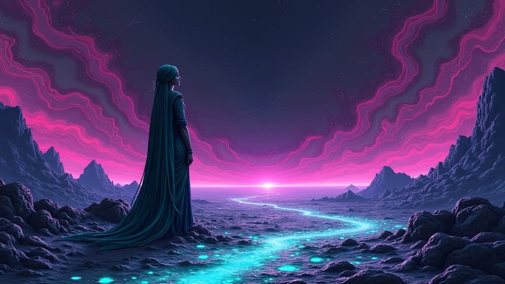 ancientstyle, A surreal, abstract digital landscape stretches before us, where a glitched market looms under a vast, purple and black sky. The medieval merchant lady stands at the market's edge, her teal and blue scales shimmering in the eerie glow. The market, fragmented and distorted, pulses with intricate dot and line patterns, casting hypnotic wavy shapes across the scene. Above, the void stretches endlessly, swirling with vivid, otherworldly hues that blend fluidly with the dark sky. The patterns and colors twist unnaturally, with vibrant psychedelic tones stark against the high-contrast, minimalistic background. Amidst this chaotic yet captivating scenery, the merchant lady gazes into the void, her figure framed by the surreal, flowing motion of the glitching world around her. The strange mix of the distorted market, the alien sky, and the tranquil yet eerie scene creates a visual both majestic and unsettling, where the familiar warps into the unknown in a mesmerizing display. 