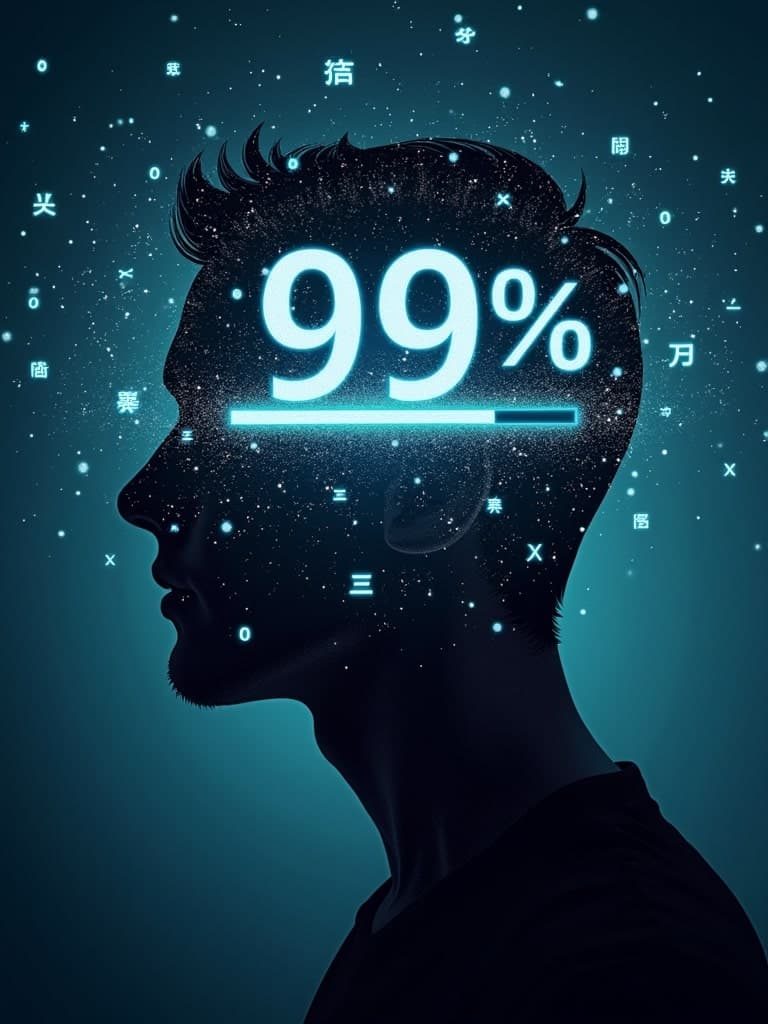 A person's head replaced by a loading bar at 99%, surrounded by a whirlwind of data symbols.