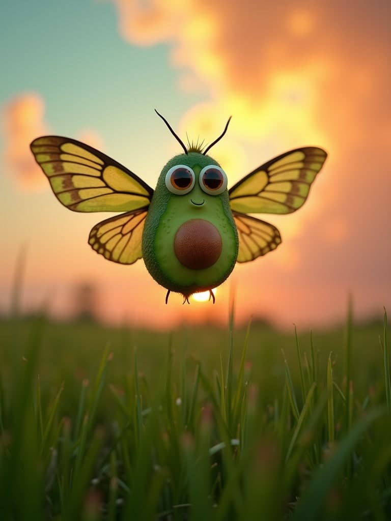 analog photo, Kodak Portra 400 vibe, macro close-up aerial view, cute kawaii half avocado with core seed monster with moth wings with large googly eyes and sharp mouth, inspired by Chris Ryniak and Gemma Correll, flying on green fields happily in a cloudy sky, vibrant tones , cinematic hdr dramatic orange pink sunset lighting backlit vaporwave gloomy