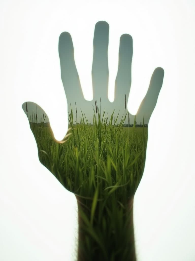 photo of a double exposure picture in the shape of a hand, inside the hand shape is a detailed image of grass