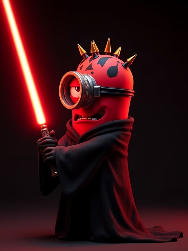 A minion from despicable me, red skin, one eye, Darth Maul like spikes on head, dressed in a dark Sith lord robe, Dark Jedi, (one eye:1.2), angry expression, scowling, (looking at viewer:1.1), holding a red lightsaber, pitch black background only illuminated by red lightsaber, perfect lightsaber, lightsaber pointed at viewer, Highest quality, masterpiece, 4k, concept art