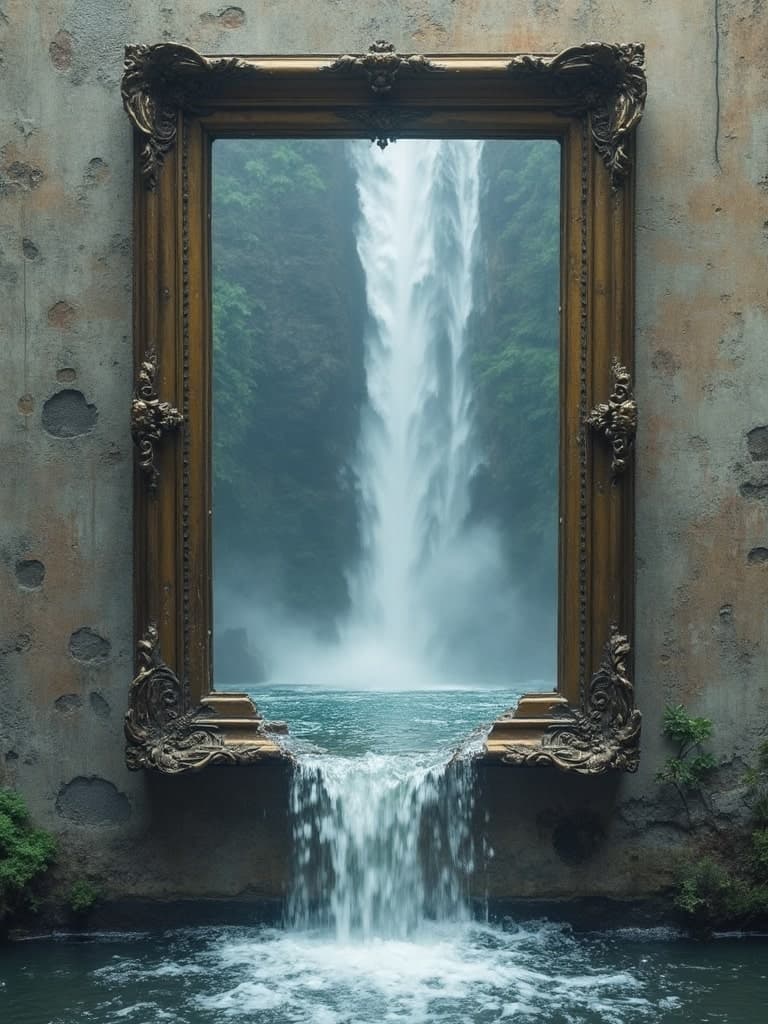 surreal art rendition of a photo frame depicting an epic waterfall scene with the bottom part of the frame broken leading to water spilling on the wall, anti-aliasing