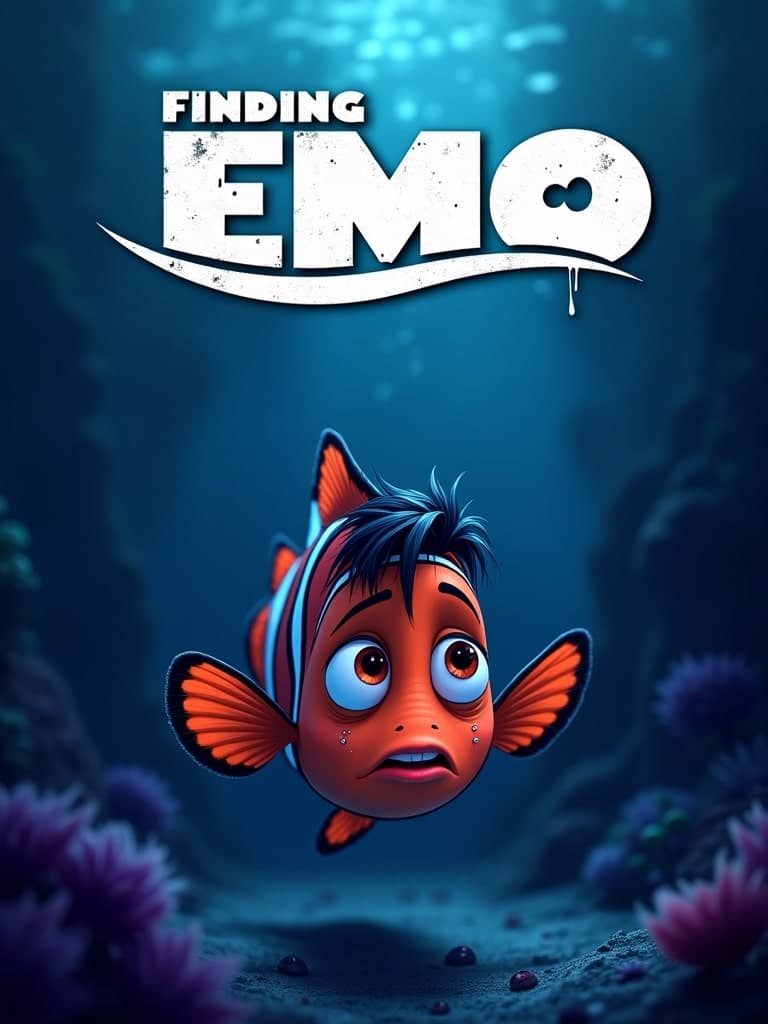 a digital illustration of a movie poster titled Finding Emo, finding nemo parody poster, featuring a depressed cartoon clownfish with black emo hair, eyeliner, and piercings, bored expression, swimming in a dark underwater scene, in the background, movie title in a dripping, grungy font, moody blue and purple color palette