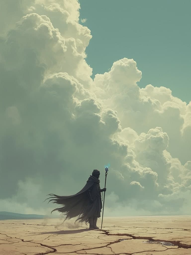 frank frazzeta ghibli and moebius inspired post-apocalyptic wasteland setting, era ancient future, muted colors with stark contrasts, solo, a lone sorcerer stands on a cracked, barren landscape, their cloak billowing in the wind, ¬the sky above them is filled with swirling clouds in muted grays, and their staff glows faintly with magical energy, simple and desolate, the contrast between the figure and the bleak environment emphasizes their isolation.